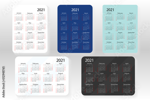 Horizontal and vertical set of vector pocket calendar 2021 year. Minimal business simple clean design. English grid, week starts from sunday. White black and classic blue colors