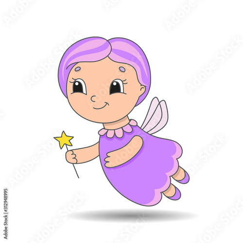Fairy godmother flies and holds a magic wand. Cute character. Colorful vector illustration. Cartoon style. Isolated on white background. Design element.