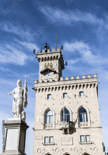 Statue of Liberty (Statua della Libertà) in front of a Public Palace (Palazzo Pubblico) in City of San Marino - Image