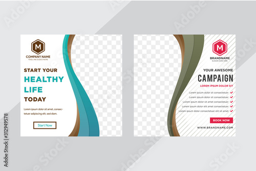 Minimal design layout. Square abstract modern geometric shape banner template for social media post promotion. combination blue, green and brown wave shape. white background with diagonal line.