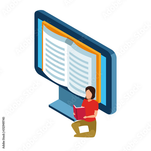 woman reading a book and computer with book on screen