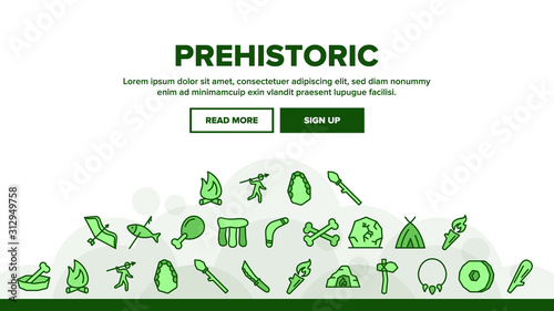 Prehistoric Primitive Landing Web Page Header Banner Template Vector. Bone In Bowl And Chicken Leg  Burning Campfire And Cave  Prehistoric Bludgeon Illustration