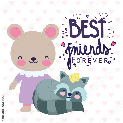 best friends forever cute bear and raccoon hearts background
