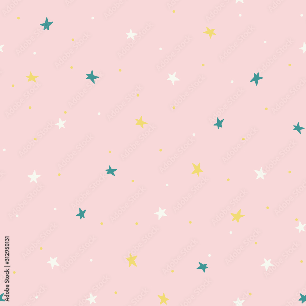 Seamless pattern with a little yellow, blue and white stars on pink background. Vector illustration. Seamless pattern with a little yellow, blue and white stars on pink background. Vector illustration.