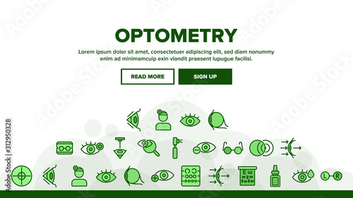 Optometry Eye Health Landing Web Page Header Banner Template Vector. Eyeglasses And Doctor Optometry Oculist, Medical Equipment, Medicine Drops Illustration