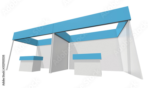 Trade Show Booth Blue and White. Indoor Exhibition with Work Paths. 3d render isolated on white background. High Resolution Ad Template for your Expo design.