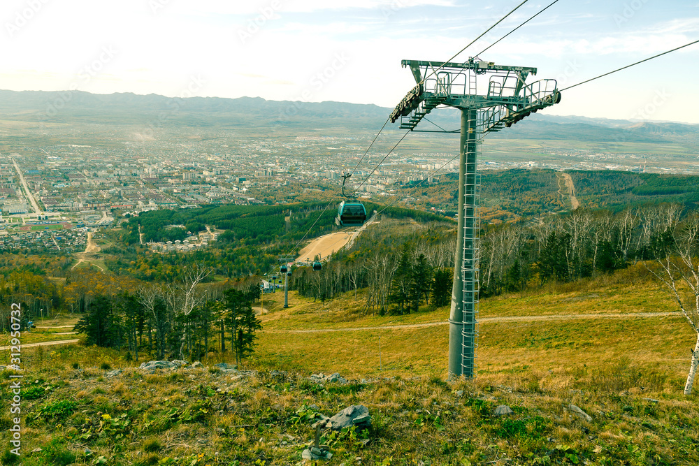 View of Sakhalin Island from the height of the cable car.