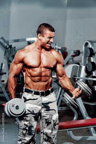 Strong Muscular Men Exercise With Dumbbells at the Gym