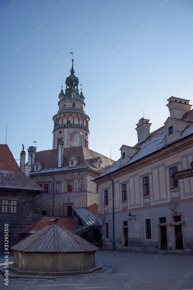 Castle tower  in historical town Cesky Krumlov listed in UNESCO cultural heritage.
