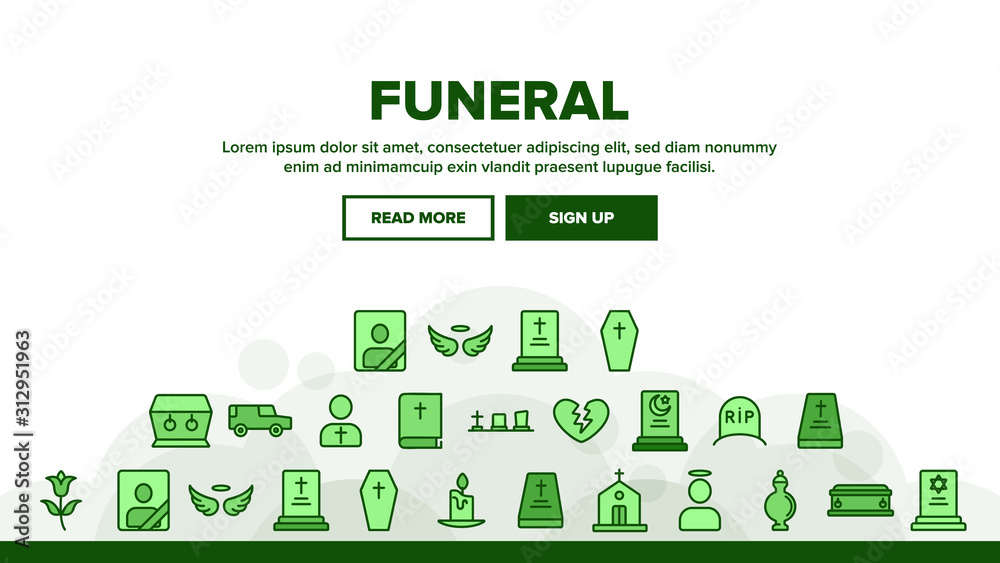 Funeral Burial Ritual Landing Web Page Header Banner Template Vector. Funeral Ceremony, Coffin And Bible, Car And Church, Broken Heart And Candle Illustration