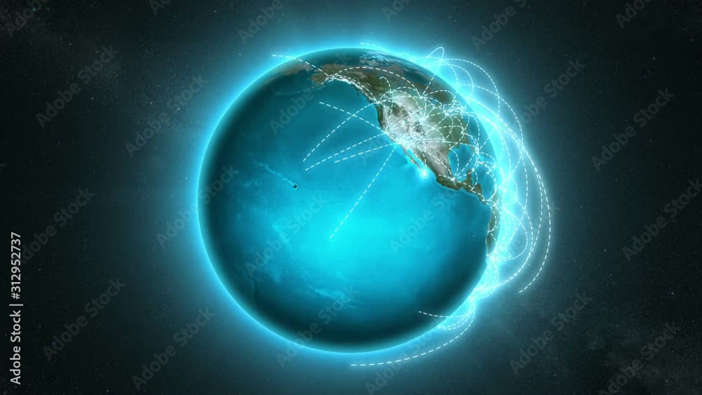 World connections with city lights. Cyan. Spinning Earth with light lines growing from major cities all over the world. Loopable. 