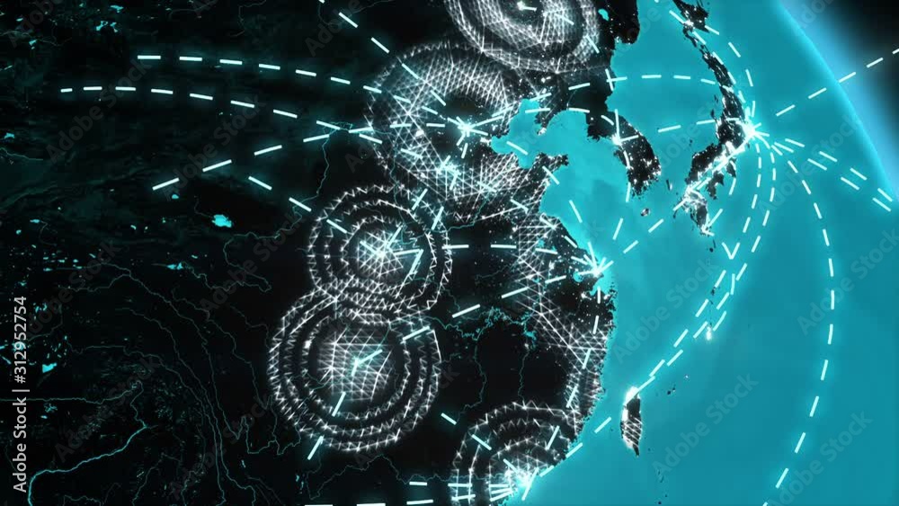 World connections with city lights. Blue and black. World map. Spinning Earth with light lines growing from major cities all over the world. Loopable. 