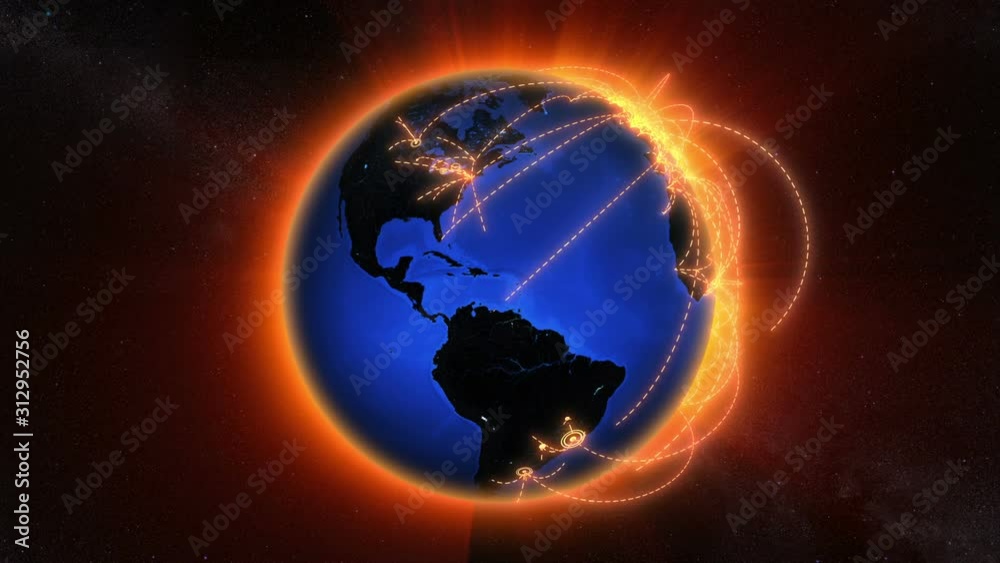World connections with city lights. Blue and orange. Spinning Earth with light lines growing from major cities all over the world. Loopable. 