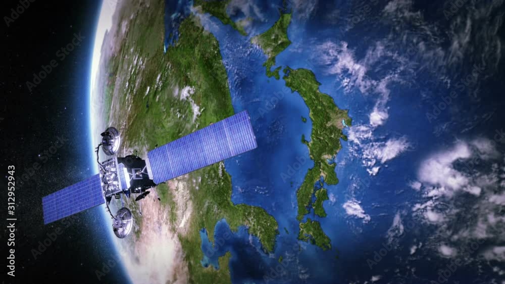 Japan. Highly detailed telecommunication satellite orbiting the Earth. 2 videos in 1 file.