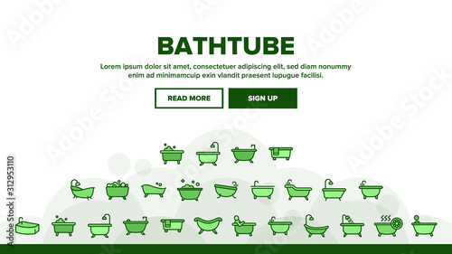 Bathtube And Shower Landing Web Page Header Banner Template Vector. Bathtube In Different Form, With Human And Full Soap Bubbles, Faucet And Towel Illustration