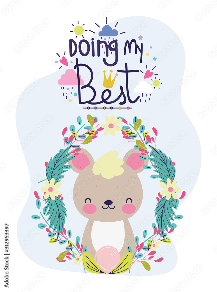 Naklejka premium doing my best cute bear wreath flowers decoration