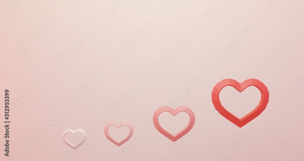 3D rendering of valentine. Set of hearts floating on pink background, minimalist mockup. Love symbol. Modern 3d render.