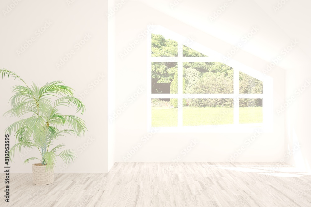 Fototapeta premium Stylish empty room in white color with summer landscape in window. Scandinavian interior design. 3D illustration