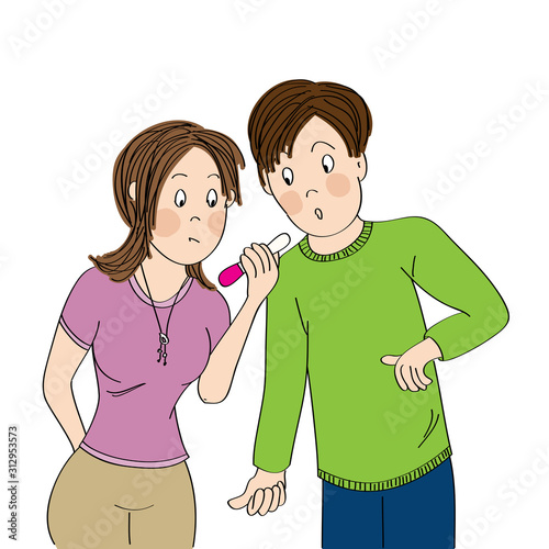 Confused, surprised and unhappy young couple looking at the positive pregnancy test - original hand drawn illustration