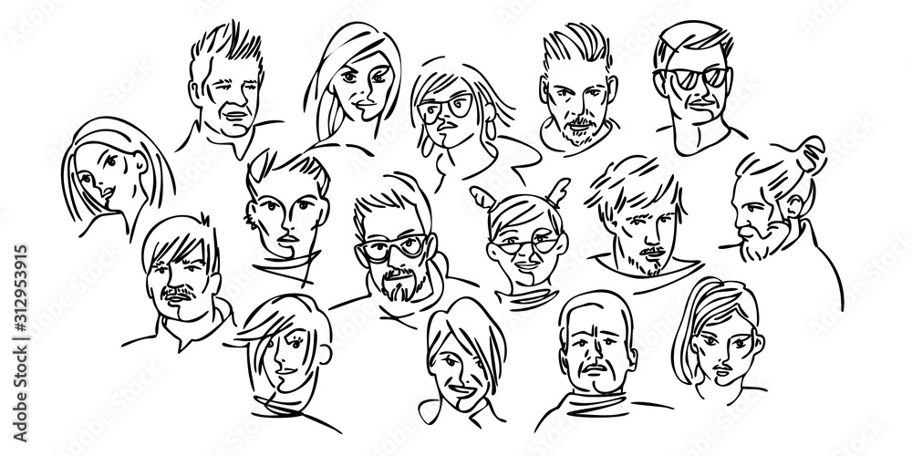Group of people. Lots of different avatars. Portraits of men and women. Black and white flat people character design. Line graphics. Group of people. Lots of different avatars. Portraits of men and women. Black and white flat people character design. Line graphics.