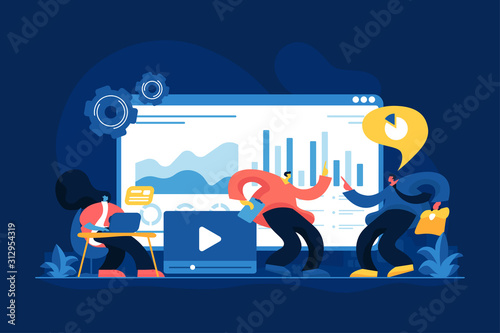 Data analysis, business analytics, SMM strategy. Analysts team working. Social media dashboard, online marketing interface, social media metrics concept. Vector isolated concept creative illustration