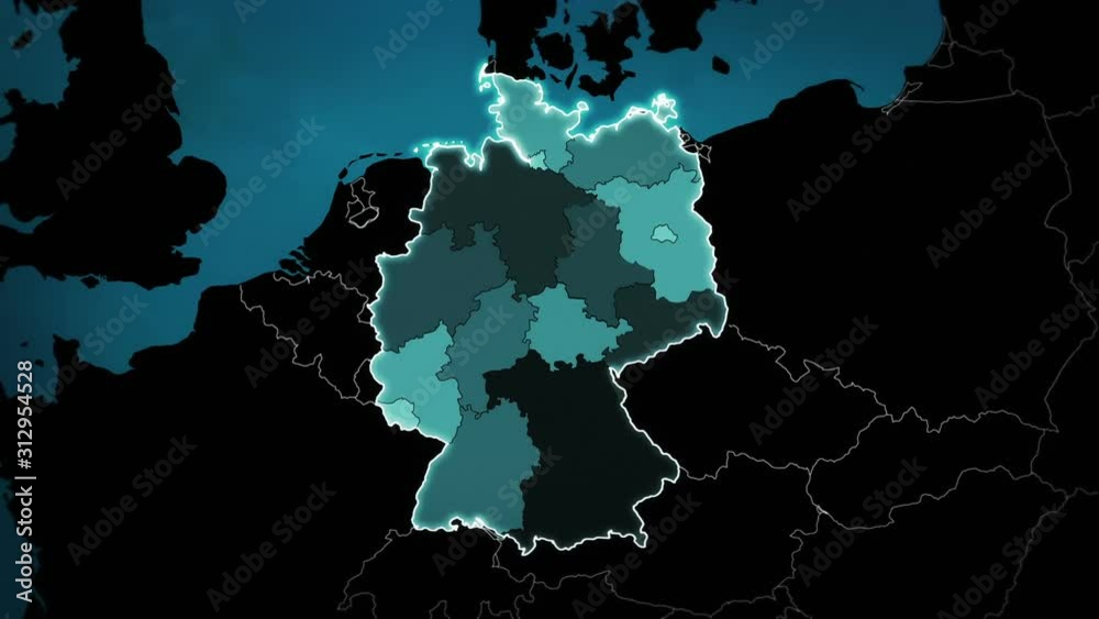 World map with German: Airports, Roads and Railroads. Blue.  This video is entirely loopable and also has 2 loopable sequences from frame 80 to 460 and from 461 to 802.
