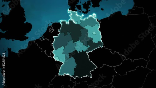 World map with German: Airports, Roads and Railroads. Blue.  This video is entirely loopable and also has 2 loopable sequences from frame 80 to 460 and from 461 to 802. photo