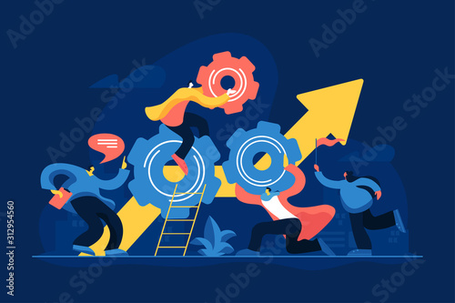 Startup work, success. Effective team-working, teamwork projects, teamwork skills, teamwork solutions, effective collaboration, Goal achievement concept. Vector isolated concept creative illustration