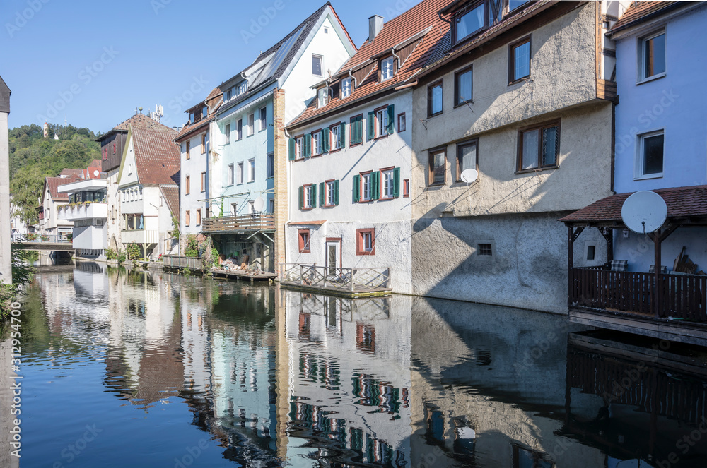 reflection of picturesque houses in Muhlcanal, Horb am Neckar, Germany