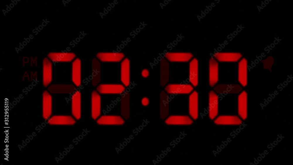 Digital clock with 12 hours, you can choose any hour or minute. Black background. 1 frame per minute. Loopable. Red. More options in my portfolio. 