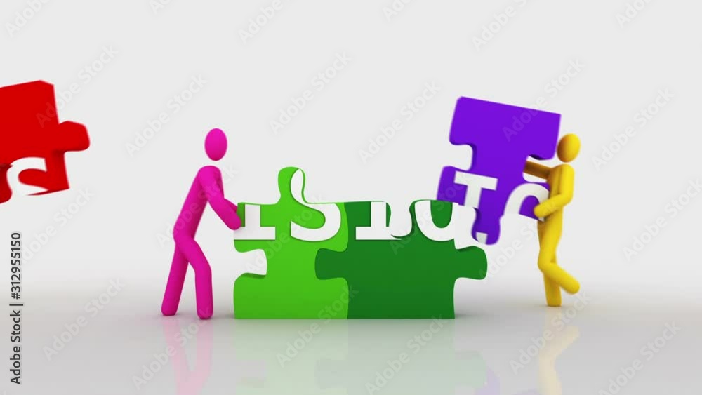 Vision Puzzle. White Background. 2 videos in 1 file. 3D characters doing a puzzle with the word VISION over white background.