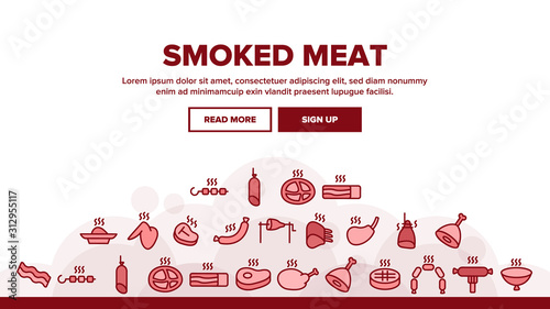 Smoked Meat Barbecue Landing Web Page Header Banner Template Vector. Grilled Sausage And Meat Ribs, Chicken Wings And Legs, Beef Kebab Bbq Illustration