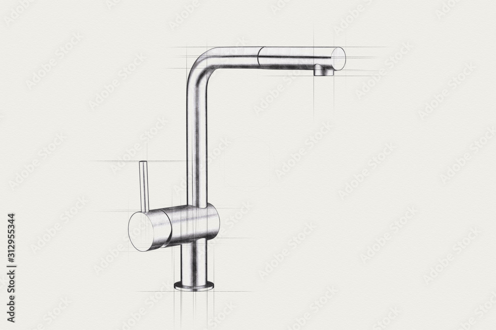 Pencil sketch of a kitchen sink mixer tap on a white backround. Stock