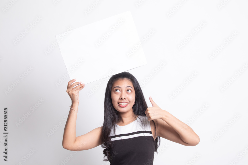 Young Asian woman show thumbs up with white blank sign. Young Asian woman show thumbs up with white blank sign.