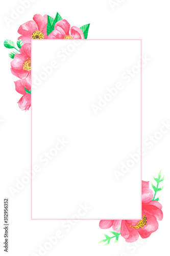 Watercolor floral frame with wild roses on a white background. graphic background for invitations, cards, postcards, business cards, leaflets, covers, congratulations, posters, banners