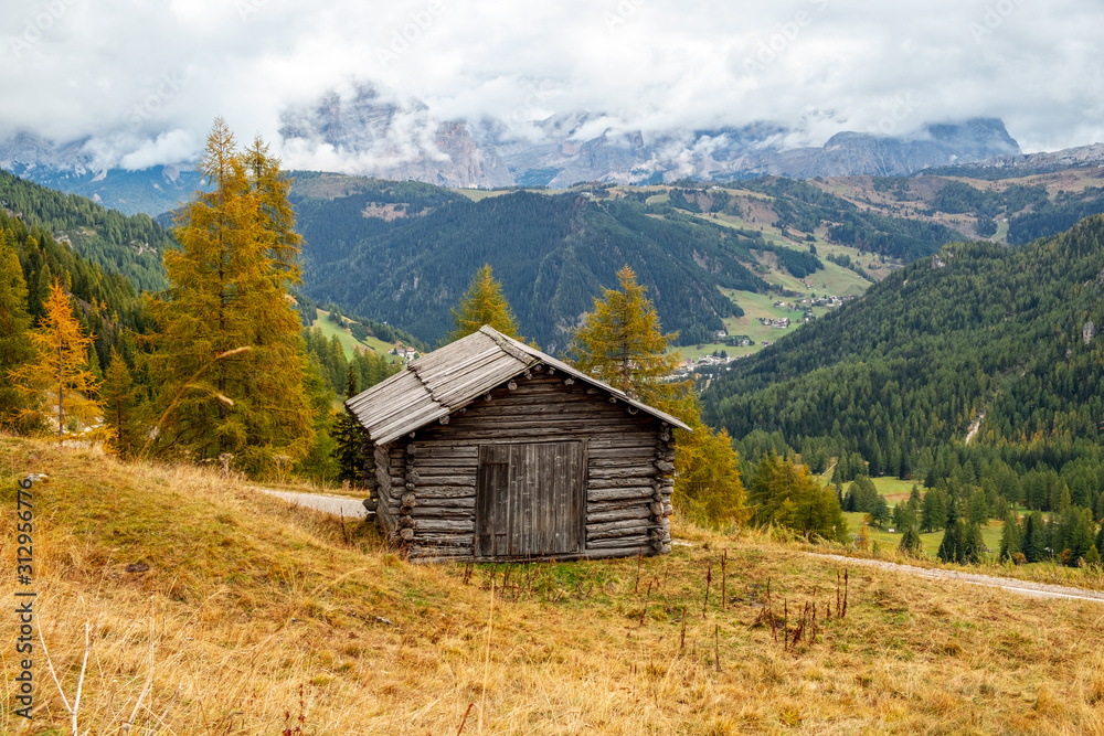 Typical mountain landscape in the Dolomites with autumn colors, South Tyrol
