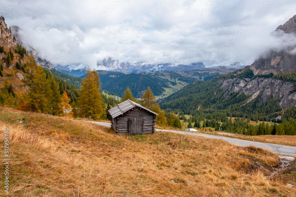 Typical mountain landscape in the Dolomites with autumn colors, South Tyrol