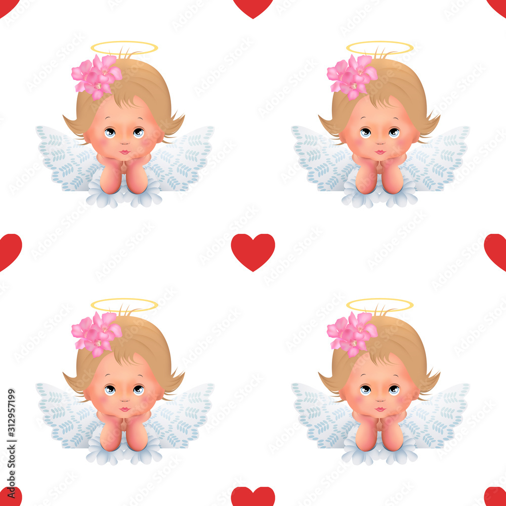 Cute baby angel seamless pattern on white background Stock Illustration ...