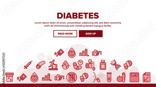 Diabetes Sugar Disease Landing Web Page Header Banner Template Vector. Syringe And Blood Analysis On Diabetes, Man Run And Drink, Pills And Fruits Illustration