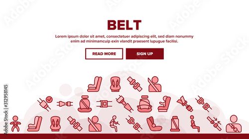Belt Safety Equipment Landing Web Page Header Banner Template Vector. Driver Strapped Car Seat Belt, Protection Automobile Device, Baby Chair Illustration