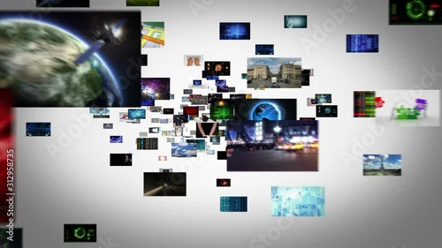Journey through video screens. Loopable. Selection of screens showing multiple themed videos. Black and white background. More colors in my portfolio.
