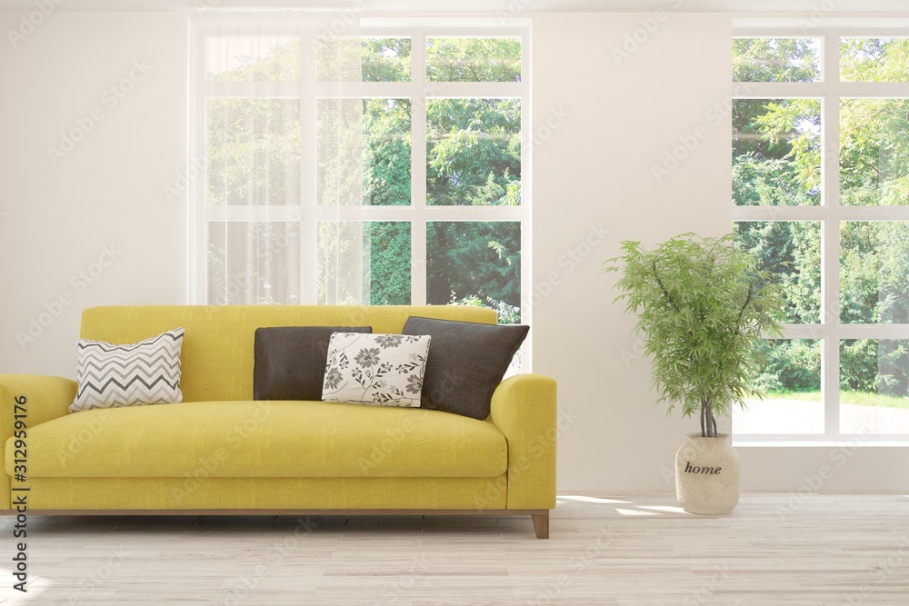 Fototapeta premium Stylish room in white color with yellow sofa and summer landscape in window. Scandinavian interior design. 3D illustration