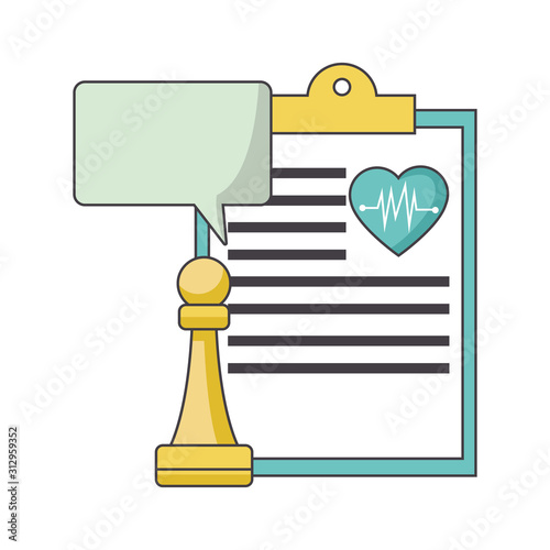 speech bubble, chess piece and medical report