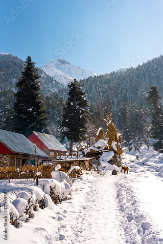 Canvas Print The snow mountain landscape in Pahalgam during the winter not far from Srinagar