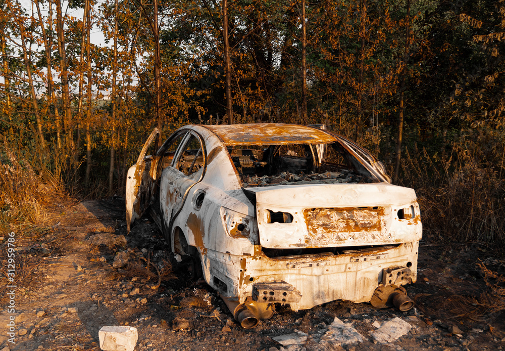 Wunschmotiv: Burnt out car. Burnt passenger car near the city by the forest. Burnt door and car inte