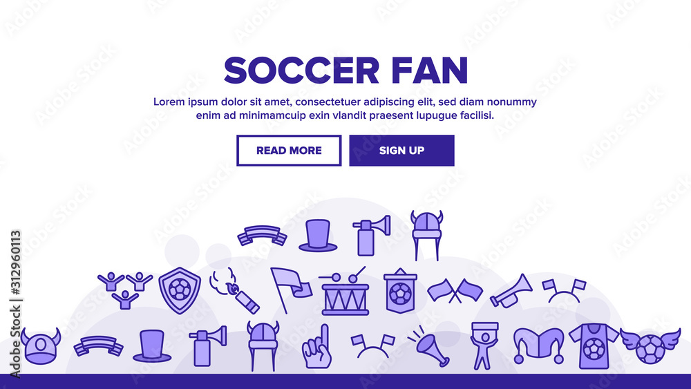 Soccer Fan Equipment Landing Web Page Header Banner Template Vector. Soccer Ball With Wings And Shield, Flags And Ribbons, T-shirt And Drum Illustration