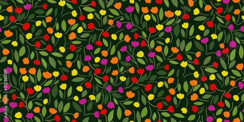 Floral seamless pattern tulips. Cute hand drawn Botanical texture. Colorful bright flowers on a dark green background. Ditsy print. Modern abstract design for fabric, postcards, wrapping paper. Vector
