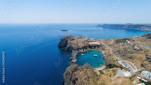 Saint Paul's Beach and Lindos Acropolis aerial panoramic view in Rhodes island in Greece