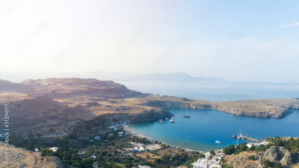 Aerial view or drone view over coastal landscape of greek island Rhodes