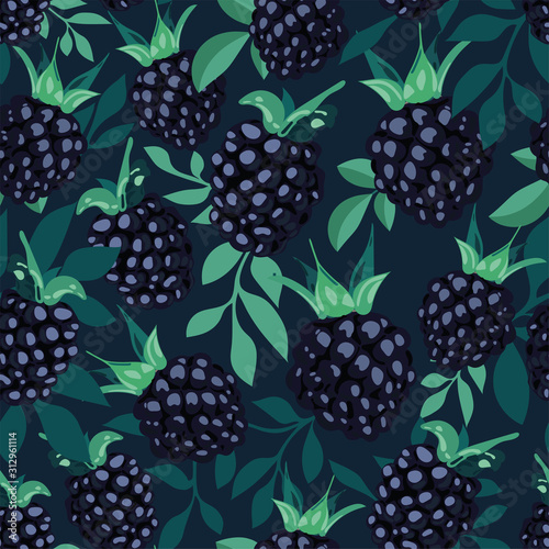 Tropical seamless pattern with BlackBerry berries on a dark background. Floral print. Bramble and foliage. Fruit repeated background. Hand drawing illustration. Perfect design.